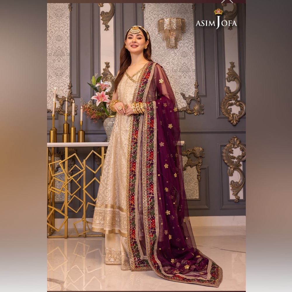 Designer ASIM JOFA  Cream and Purple Embellished Dress